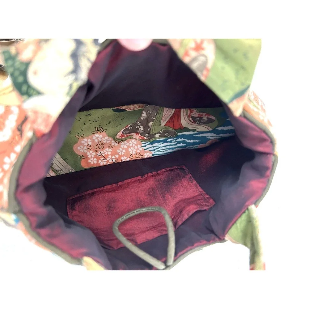 Japanese Kimono Fabric Hobo Handbag Purse Green Handmade Geisha Artsy Boho